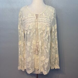 Sundance Long Sleeve Semi Sheer Lace Tassels Top Blouse Cream M